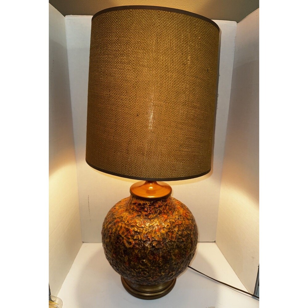 Vintage 1971 Royal Haeger Lava Drip Glaze Lamp Orange MCM Brass Round RARE